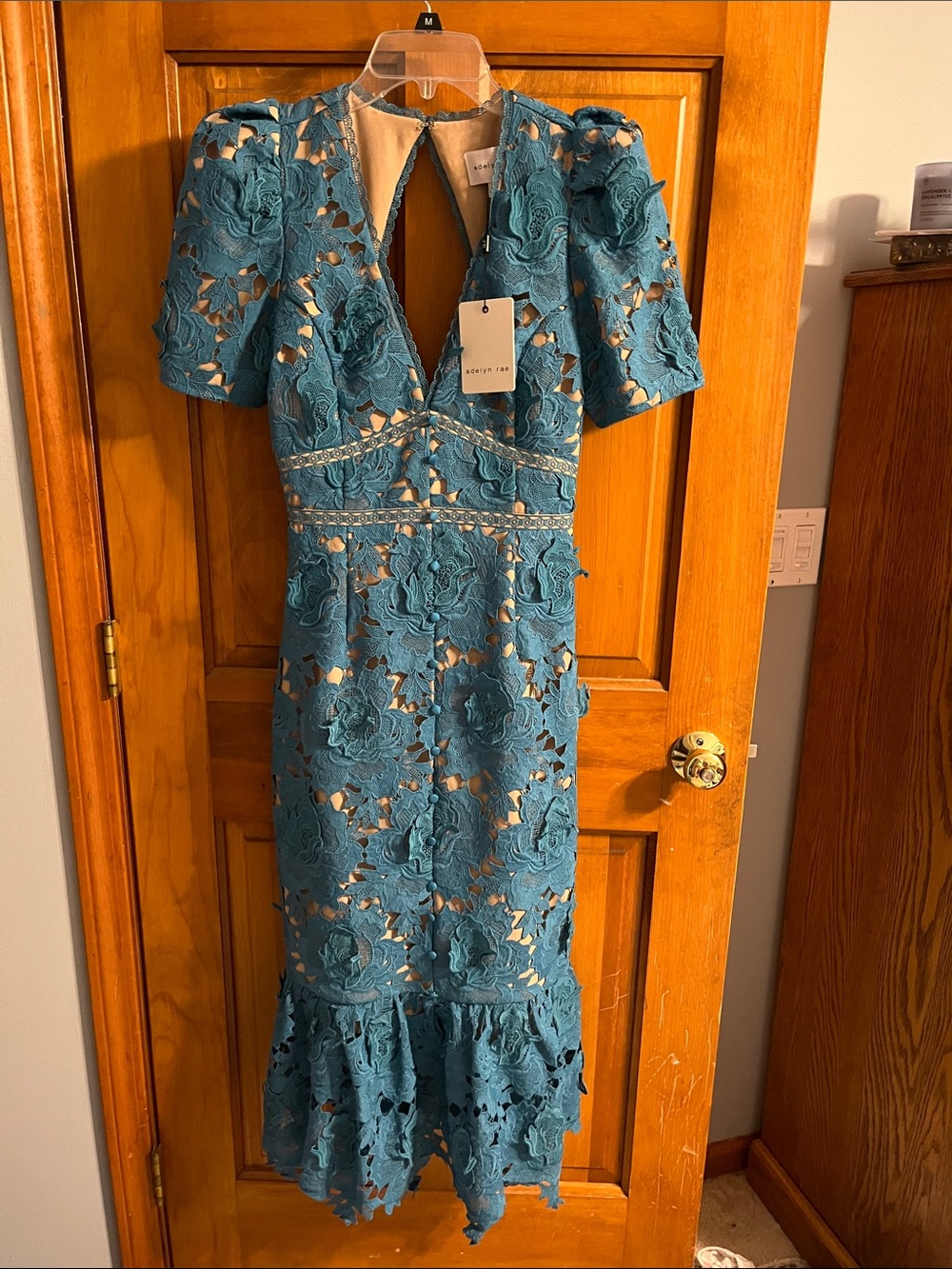 Adelyn Rae Teal Floral Lace Midi Dress with Keyhole Detail